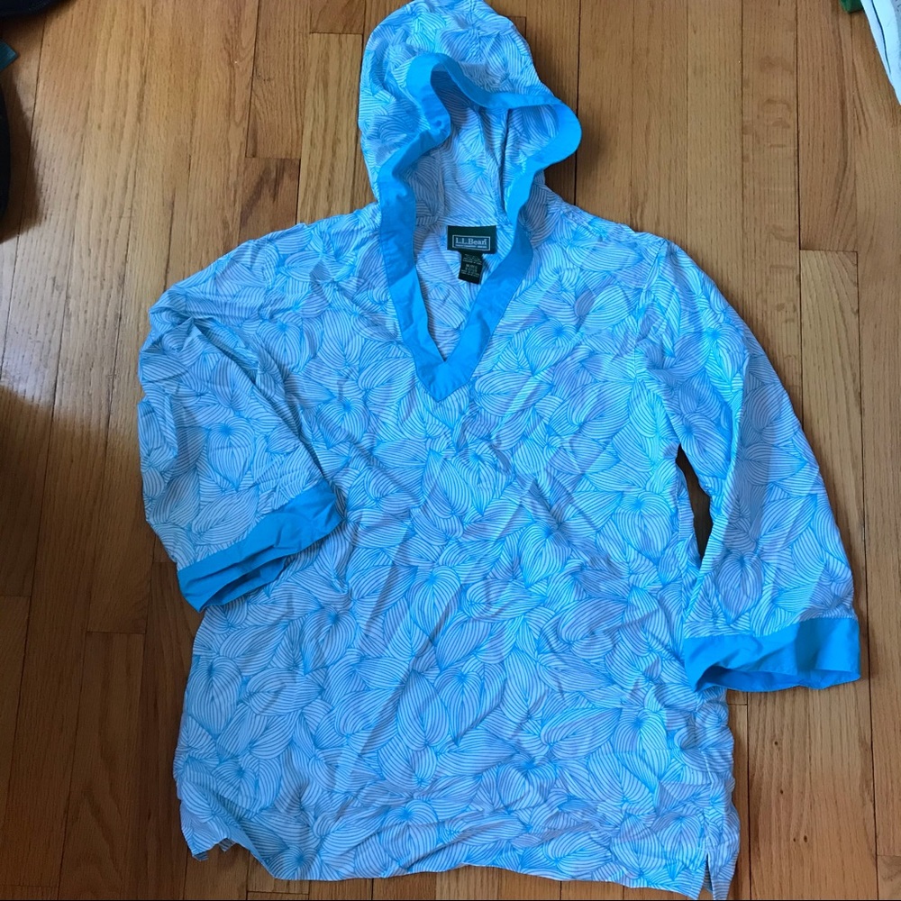 L.L. Bean Blue Leaf Pattern Swim Cover Up Hoodie